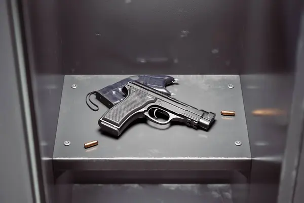 Opened School Locker Unexpected Item Awaits Loaded Pistol Symbolizing Issues — Stock Photo, Image