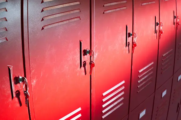 Row Red School Lockers Standing Hallway Provides Students Secure Space — Stock Photo, Image