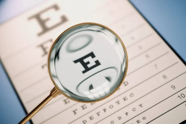 Blurry Sight Chart Doctor Office Enhanced Magnifying Glass Patient Point — Stock Photo, Image