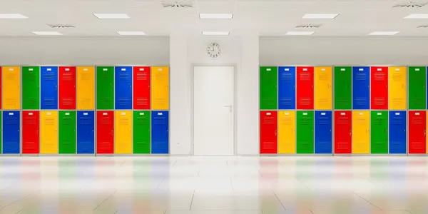 Okul Koridorunun Göz Kamaştırıcı Renkli Dolaplarla Süslenmiş Canlı Bir Fotoğrafı — Stok fotoğraf