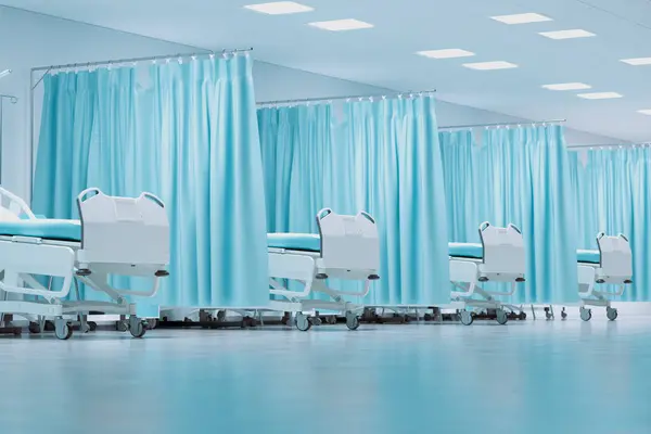 A row of medical beds in the hospital hallway. The line of empty beds. Hospital furniture. Clinic interior. Intensive care beds for semi-isolated patients. Emergency medical care in a crisis situation