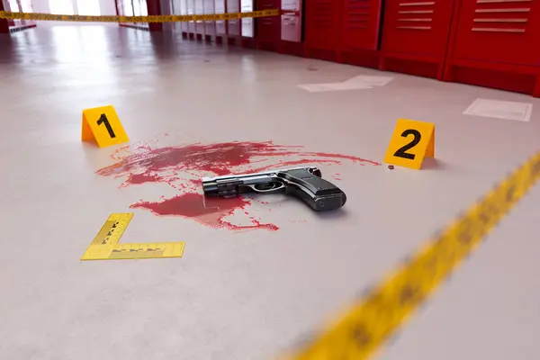 在学校走廊里一个令人难以忘怀的武器的3D渲染 它在一个血泊中 周围都是警察的标记和录像 这是一起可怕的校园枪击案的证据 — 图库照片