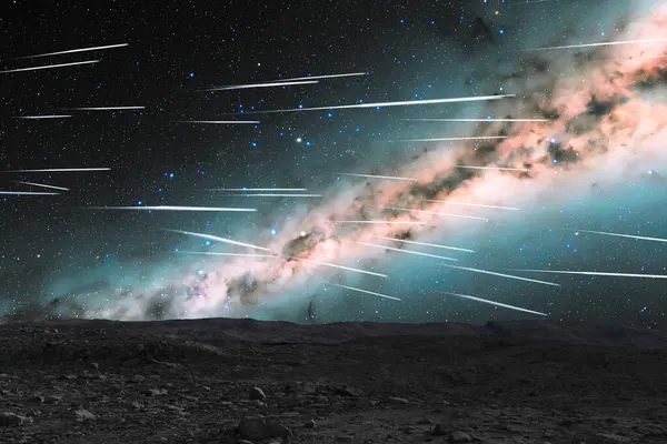 Representación Desierto Seco Piedra Superficie Planeta Cielo Revela Espectacular Galaxia —  Fotos de Stock