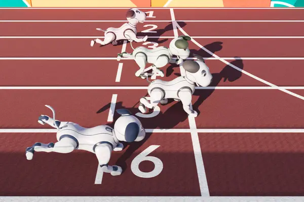 Energica Dimostrazione Tecnologia Atletismo Mentre Cani Robotici Animati Competono Una — Foto Stock