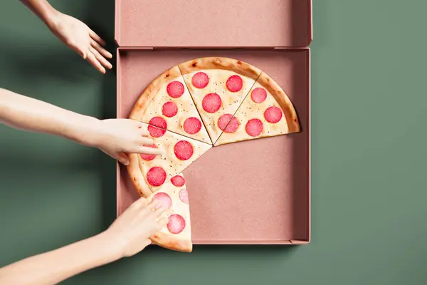 Hands serving a steaming hot slice of pepperoni pizza, captured from an overhead angle against a vibrant green backdrop, emphasizing the vivid colors and appealing texture.