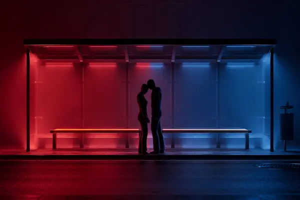 Captivated Embrace Couple Silhouette Merges Neon Shimmer City Bus Stop — Stock Photo, Image