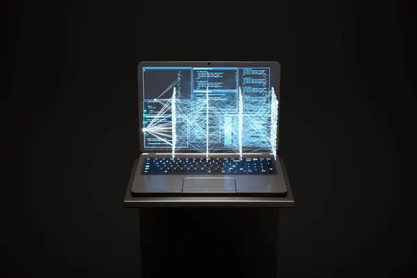 Striking Representation Holographic Network Projected Sleek Laptop Showcased Pedestal Deep — Stock Photo, Image