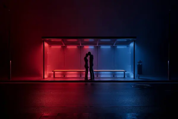 静かな抱擁に巻き込まれた若いカップル 彼らの愛情は 静止した睡眠都市の雨に覆われた通りの中 多色のネオンライトのバス停の輝く輝きによって強調されました — ストック写真