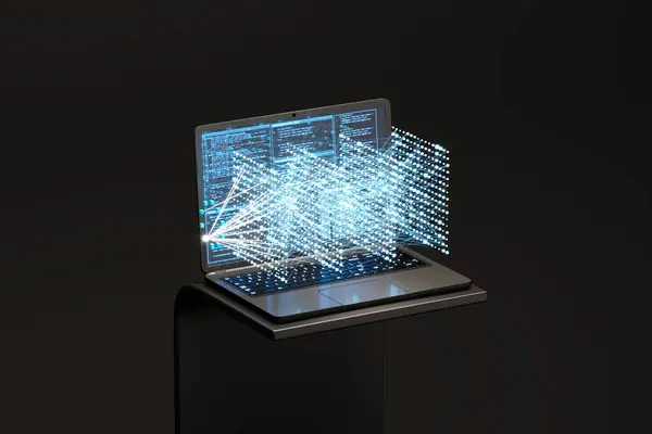 图例描述了笔记本电脑三维数据的动态爆炸式增长 它代表了虚拟企业的先进连接 信息传输和尖端技术 — 图库照片