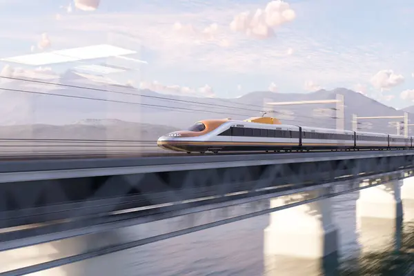 Cutting Edge High Speed Train Elegantly Crosses Architecturally Striking Bridge — Stock Photo, Image