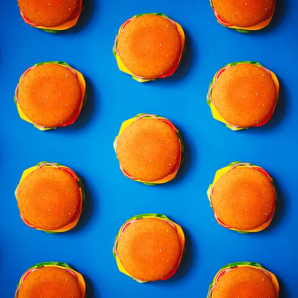 Striking Flat Lay Cheeseburgers Forming Seamless Pattern Bright Blue Backdrop — Stock Photo, Image