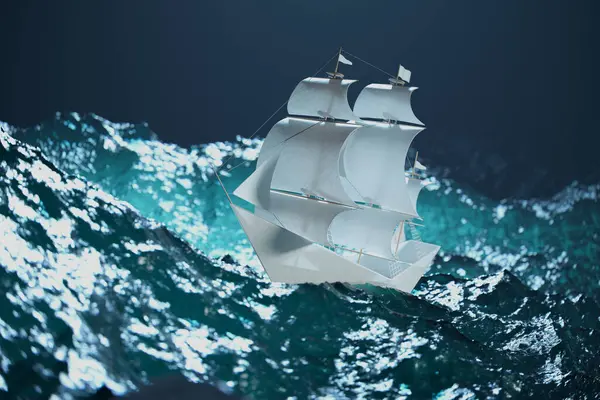 Expertly Detailed Miniature Sailing Ship Model Rides Crest Simulated Stormy — Stock Photo, Image