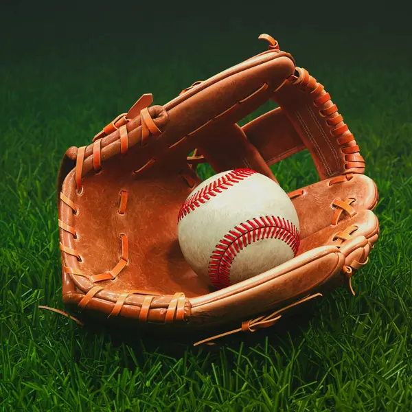 A well-used, genuine leather baseball glove cradles a pristine baseball on a lush, emerald green grass field, evoking a sense of play, competition, and nostalgia.