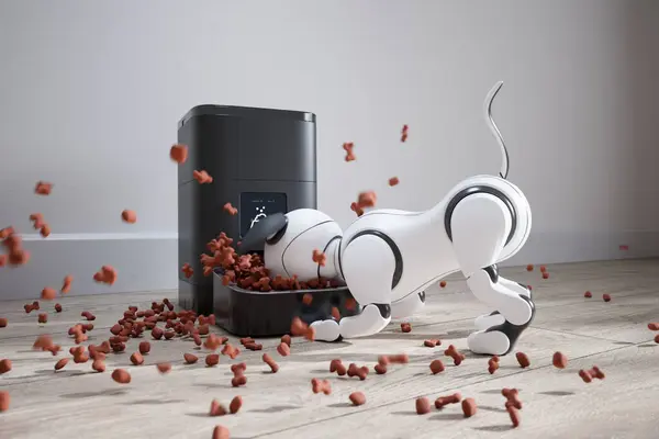 Robotic Dog Engages Innovative Automatic Pet Feeder Scatters Kibble Polished — Stock Photo, Image