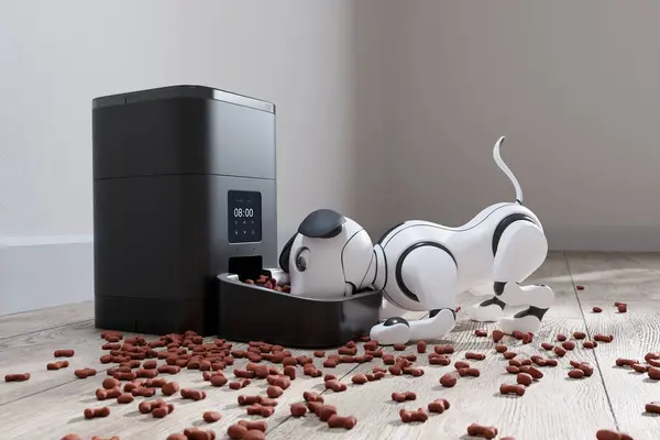 Innovative Robotic Dog Receiving Kibble Sleek Automatic Feeder Showcasing Synergy — Stock Photo, Image