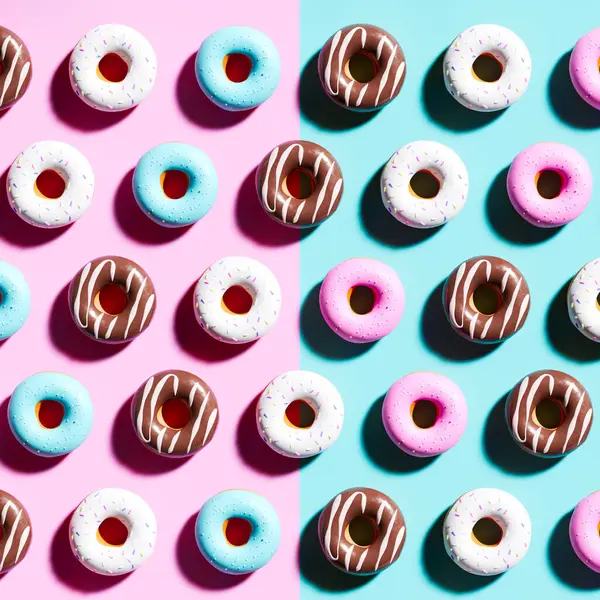 Delightful Display Colorful Frosted Donuts Enticing Senses Neatly Arranged Split — Stock Photo, Image