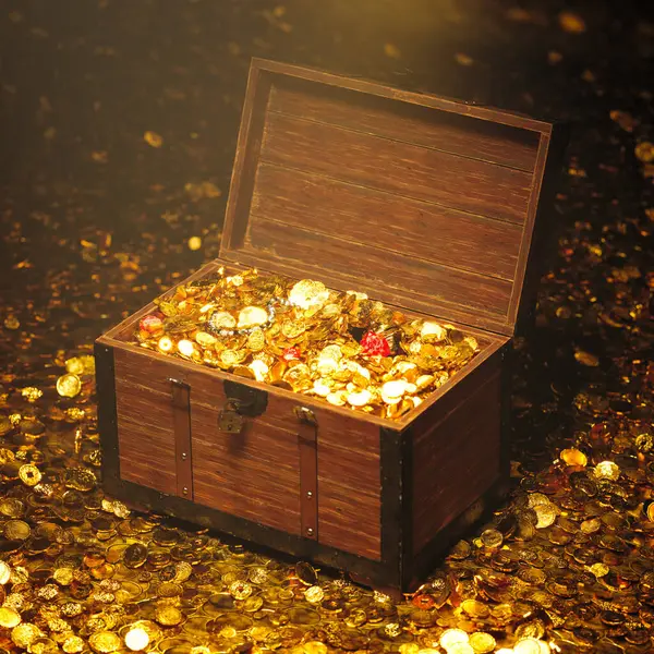 A lavishly adorned treasure chest brimming over with golden coins and sparkling jewels, epitomizing grandeur, prosperity, and the allure of undiscovered riches.