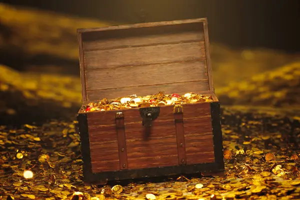 An antique pirate treasure chest overflowing with a dazzling array of gold coins, sparkling jewels, and precious gemstones, all set against a mysterious dark backdrop.