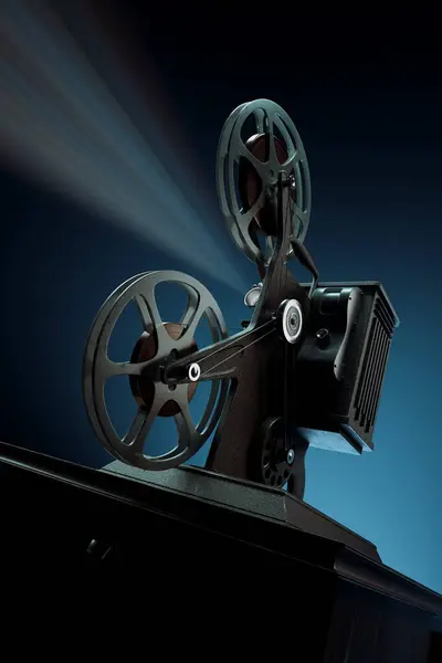 An evocative scene of an old-fashioned film projector, its bright light piercing the dark background, capturing the essence of bygone cinematic times and the charm of analog technology.