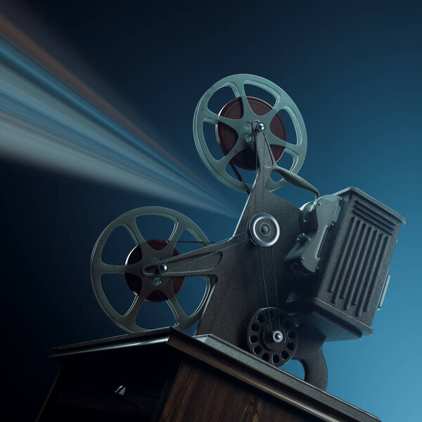 An evocative scene of a retro film projector casting its light in a dimly lit room, bringing the timeless allure and history of early cinema to life within its beam.