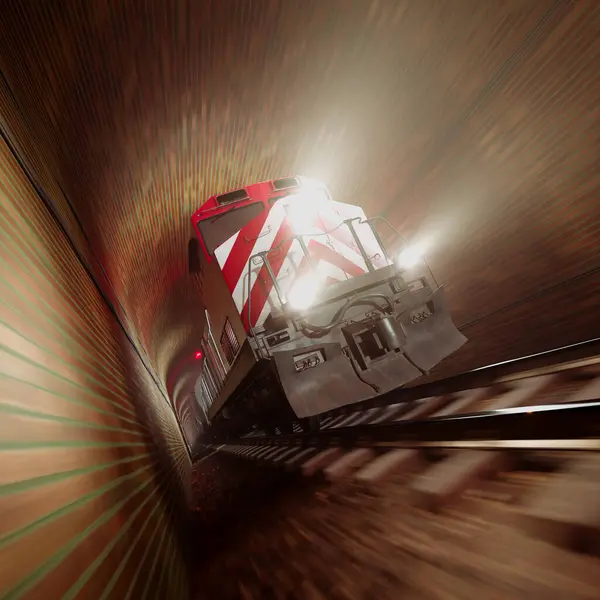 Effektfull Höghastighetsfångst Ett Rött Tåg Som Fortskrider Längs Spåren Med — Stockfoto