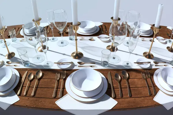 Image Captures Opulent Dinner Setting Wooden Table Adorned Gold Cutlery — Stock Photo, Image
