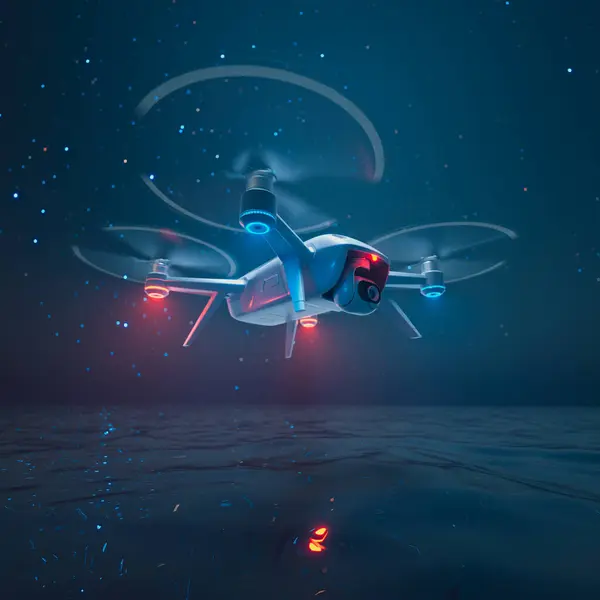 High Tech Drone Flies Tranquil Moonlit Sea Dusk Showcasing Its — Stock Photo, Image