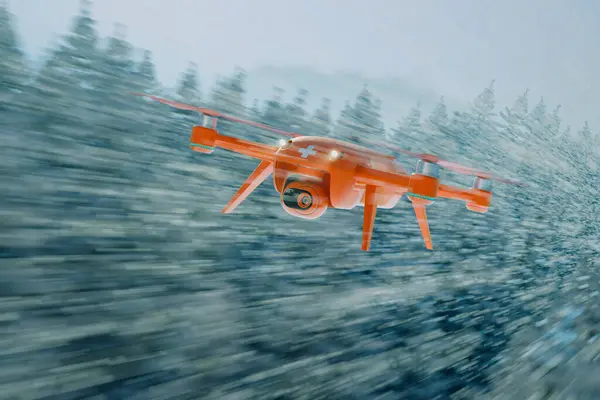 In a dynamic display of cutting-edge technology, a high-speed unmanned aerial vehicle featuring a prominent medical cross flies on an urgent mission above a snowy forest canopy.