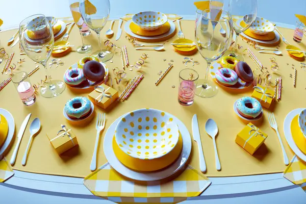 Eye Catching Celebration Arrangement Features Festive Table Adorned Yellow Plates — Stock Photo, Image
