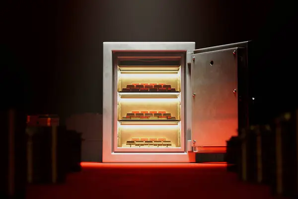 Open Vault Door Intense Red Glow Showcasing Lustre Meticulously Arranged — Stock Photo, Image