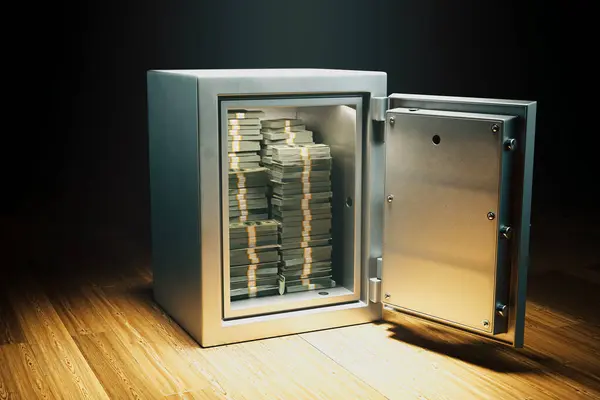 Impenetrable Steel Safe Open Door Unveils Neat Stacks Bundled Banknotes — Stock Photo, Image
