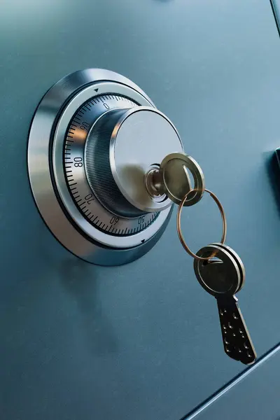 Detailed View High Security Steel Safe Key Inserted Combination Dial — Stock Photo, Image