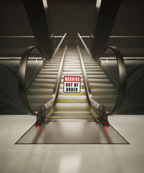 Зображення Зображує Неопераційний Ескалатор Сучасному Торговому Центрі Позначений Попереджувальними Знаками Стокове Зображення