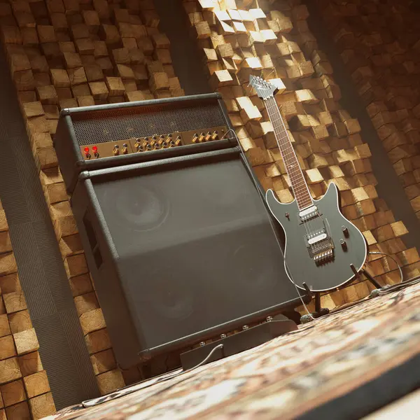 Знакова Електрична Гітара Елегантно Розташована Підсилювачі Високої Якості Оточена Звукоізоляційними Стокове Зображення