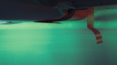3D görüntülerde bir yolcu uçağının iniş takımları sorunsuzca açılıyor ve okyanusun engin genişliğine güvenli ve zarif bir iniş için hazırlanıyor..