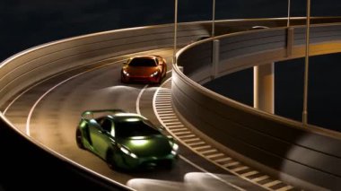 Dinamik gece görüntüsü yüksek performanslı arabaları yakalıyor. Yükseltilmiş, aydınlık bir yolda koyu bir arka plana karşı yarışıyor..