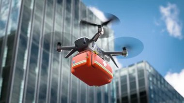 İlk yardım çantasıyla donatılmış bir insansız hava aracı modern gökdelenlerin arka planına karşı gökyüzünde süzülüyor..
