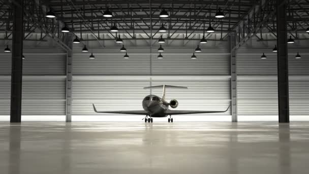 Lujoso Avión Pasajeros Negro Dorado Movimiento Dentro Hangar Moderno Experimenta — Vídeo de stock