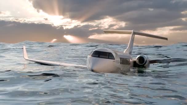 一架奢华的私人飞机在夕阳西下沉入平静的海水中 暗示着意想不到的紧急而超现实的平静 — 图库视频影像