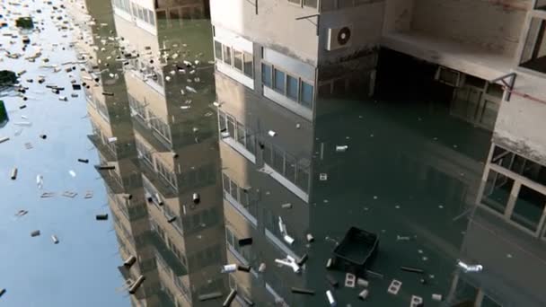 Сцена Вызывающая Мысли Изображающая Затопленный Городской Пейзаж Различными Объектами Дрейфующими — стоковое видео