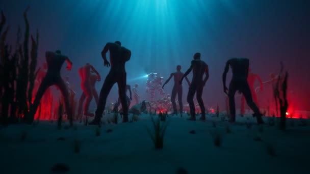Футуристичний Дайвер Екзокостюмі Бореться Ордою Підводних Зомбі Перемагає Купі Мертвих — стокове відео