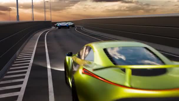 Тріо Сучасних Спортивних Автомобілів Змагається Вигнутій Трасі Демонструючи Швидкість Дизайн — стокове відео