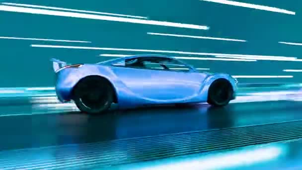 Moderní Automobil Reflexní Mnohobarevnou Úpravou Akceleruje Neonově Osvětleným Tunelem Vytváří — Stock video