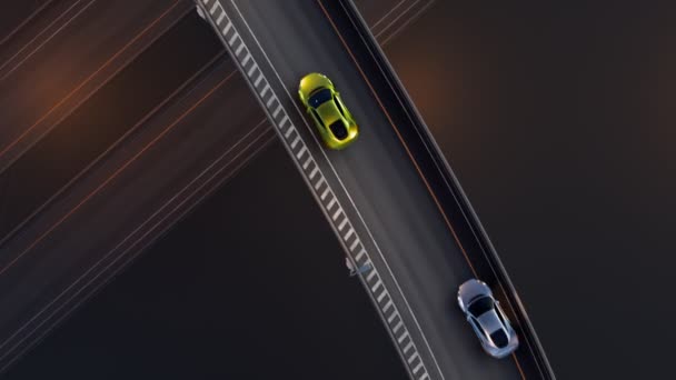 Overhead Shot Capturing Cars Cruising Serpentine Road Glowing Lane Markers — Stock Video