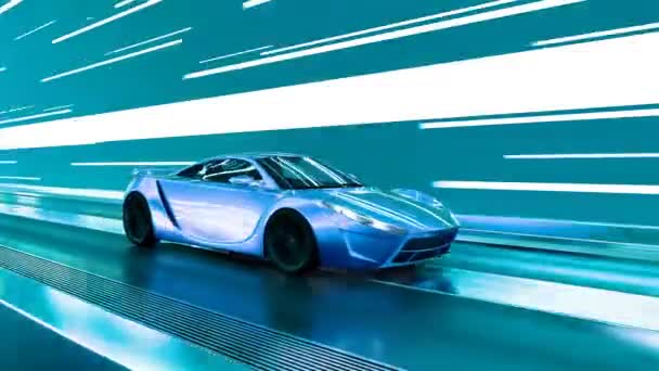 Żywe Renderowanie Eleganckiego Sportowego Samochodu Wyścigowego Przez Luminescencyjny Tunel Dynamicznymi — Wideo stockowe