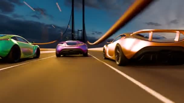 五彩缤纷的跑车在落日明媚的天际线背景下 在桥上进行高速比赛 展示了现代设计和速度 — 图库视频影像