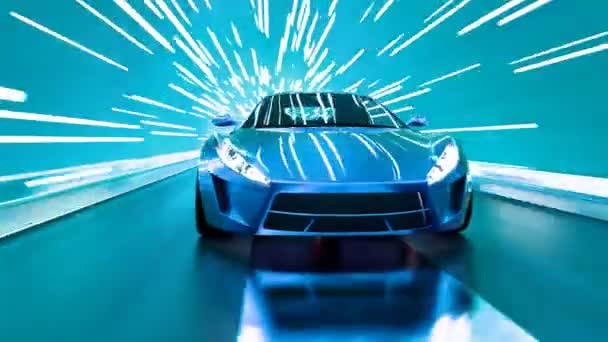 Högpresterande Sportbil Tävlar Genom Tunnel Upplyst Med Dynamiska Ljusstrimmor Visningshastighet — Stockvideo