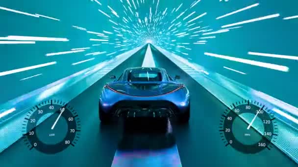 Een Conceptauto Accelereert Langs Een Neon Verlicht Spoor Met Snelheidsmeteroverdekkingen — Stockvideo