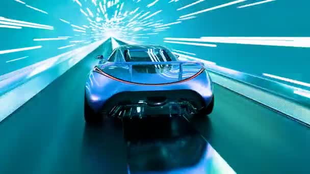 Koncepce Auta Projíždí Surrealistickým Tunelem Dynamickými Světelnými Cestami Zdůrazňujícími Pohyb — Stock video