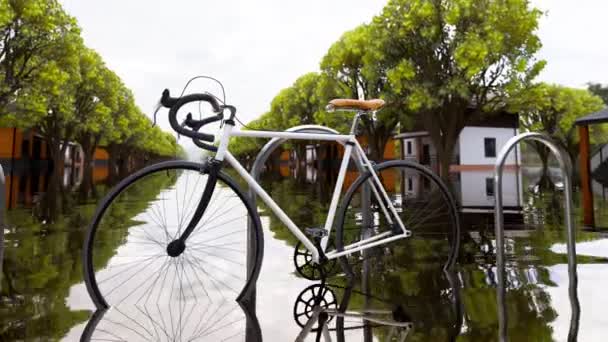 Beyaz Bir Bisikletin Ağaçların Binaların Net Yansımalarıyla Selin Ortasında Durduğu — Stok video